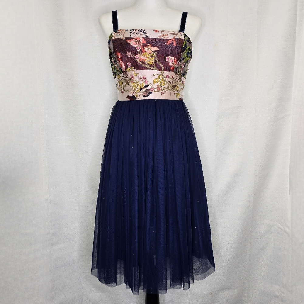 Anthropologie Moulinette Soeurs Tulle Skirted Floral Dress Size 4 Petite Navy